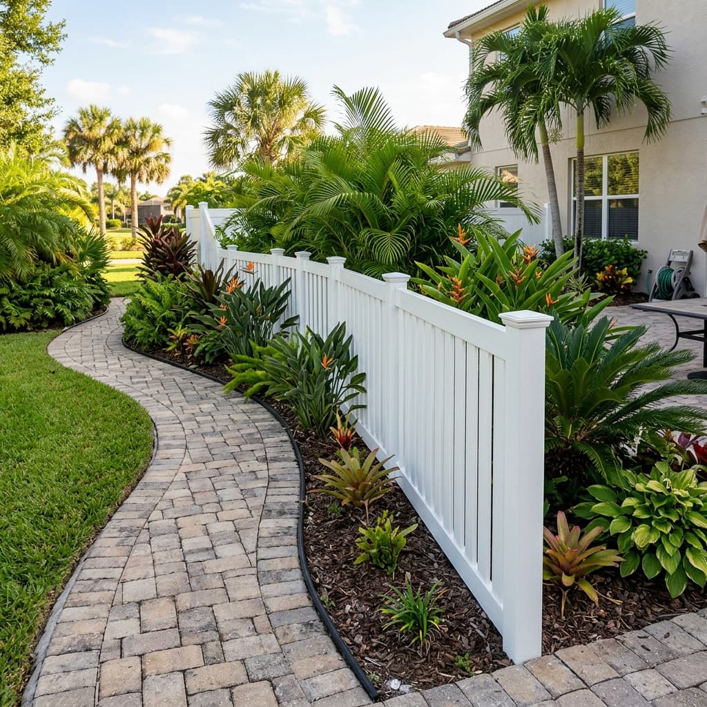 White vinyl privacy fence alongside paver walkway